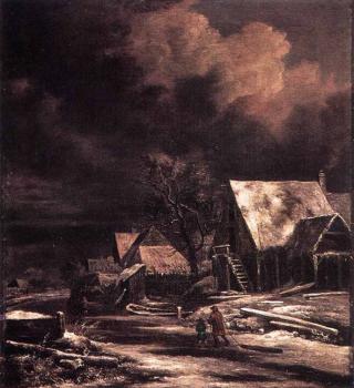 雅各佈 凡 雷斯達爾 Village At Winter At Moonlight 雅各佈 凡 雷斯達爾 Village At Winter At Moonlight